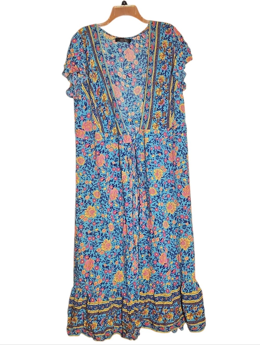 Zesica Boho Floral Maxi Dress Women’s Large Blue Pink Rayon Wrap Style